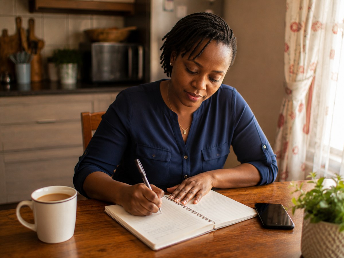 A parent writing notes at a kitchen table