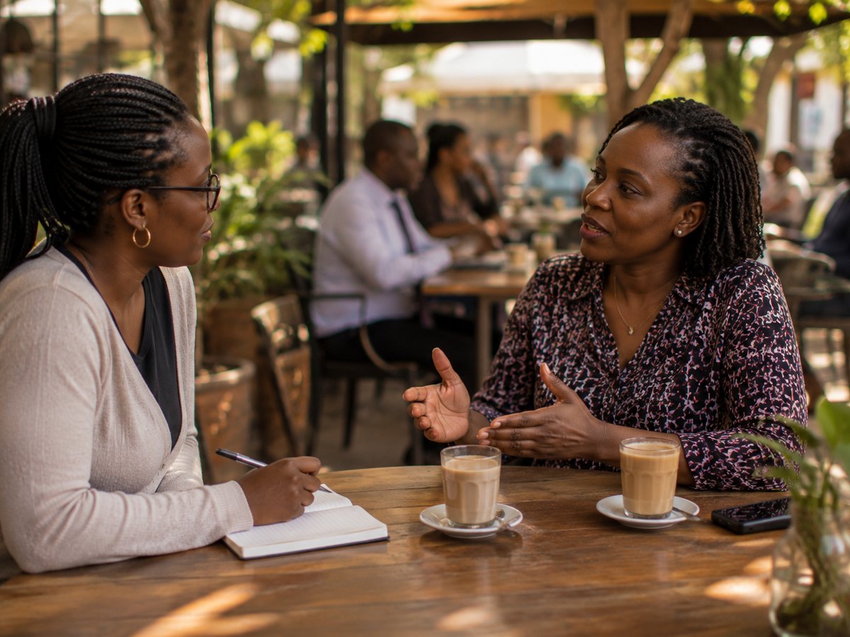 Two women meeting for an interview at an outdoor café table