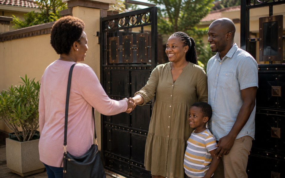 A family welcoming a new house manager at their front door