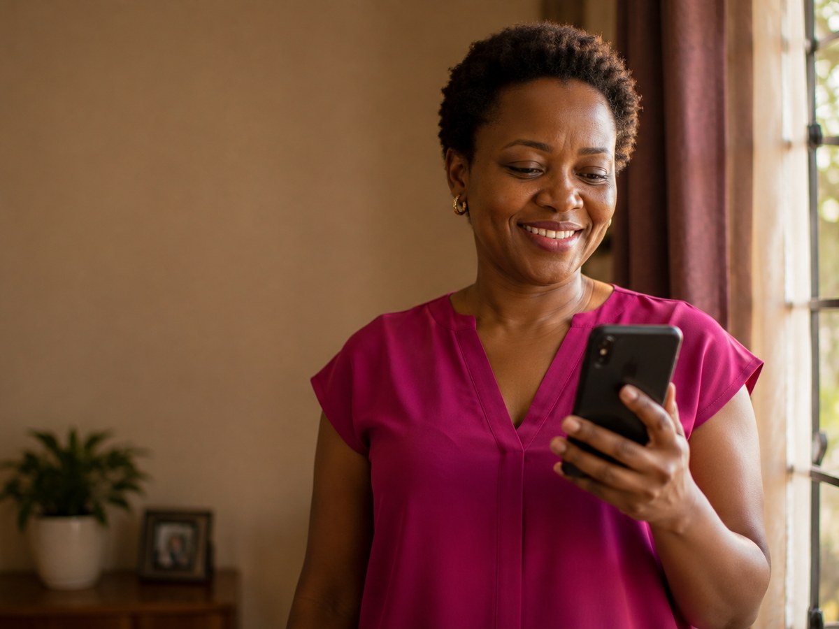 A house manager smiling while setting up her profile on a phone